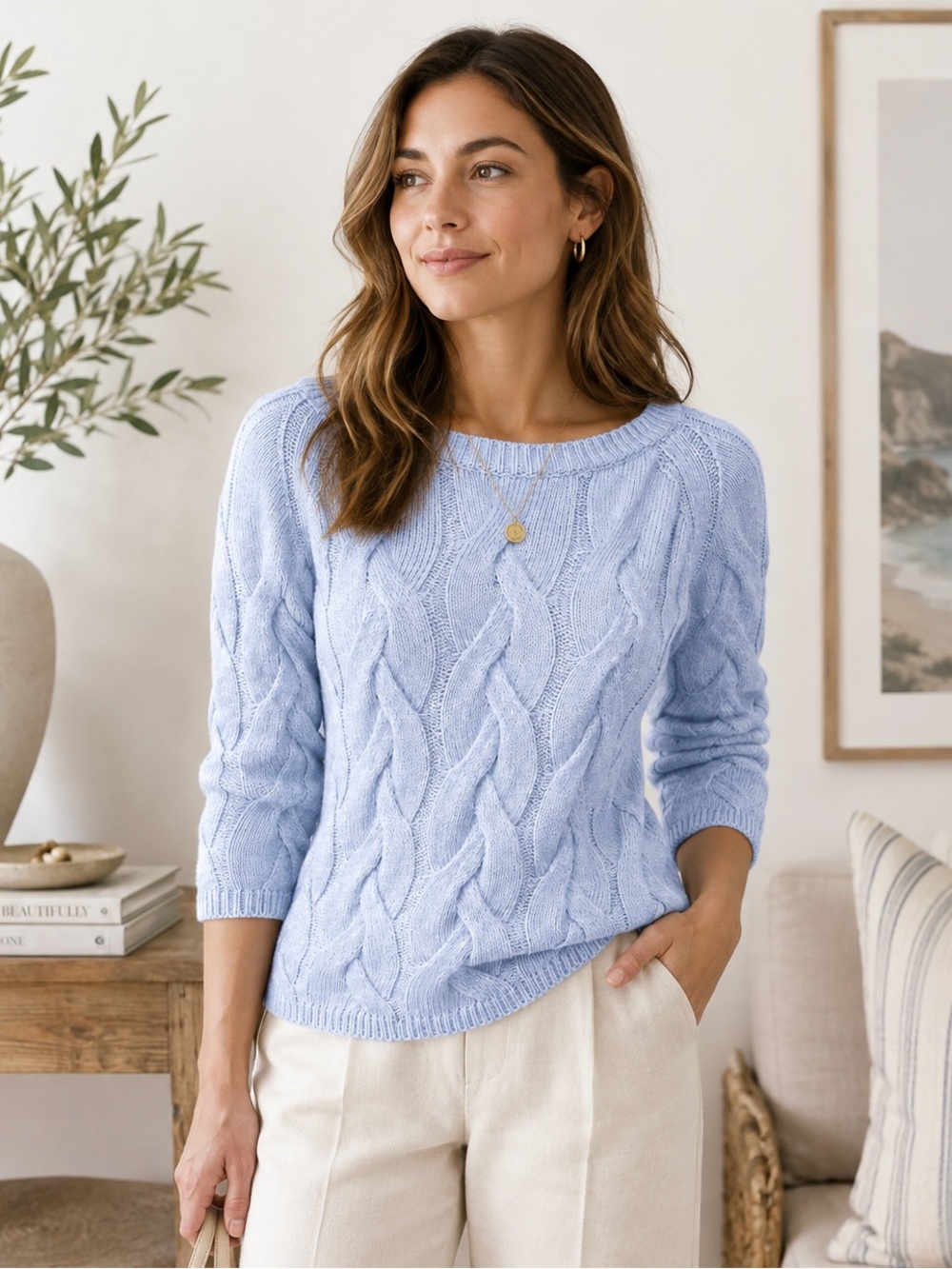 Massimo Dutti Light Blue Cable Knit Sweater Size Small